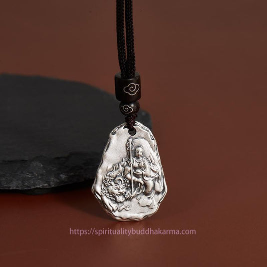 Buddha-Energie-Halskette aus 999er Sterlingsilber mit Anhänger von Ksitigarbha Buddha und der Göttin Zakiram 