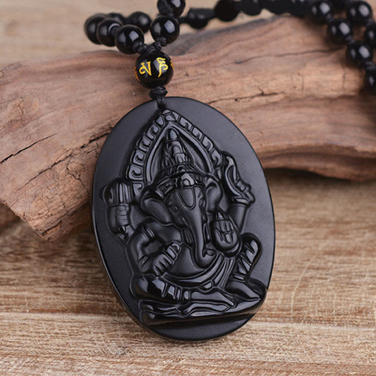 Spirituality Buddha Karma  Tibetan Obsidian Ganesh Ganpati Elephant Wealth Amulet Necklace