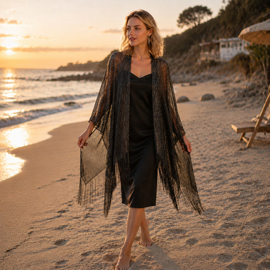 Women's Metallic Mesh Cover-Up Wrap Loose Fit Kimono-Style Cape One Size Fits Everyday Wear Beach VacationsShawl