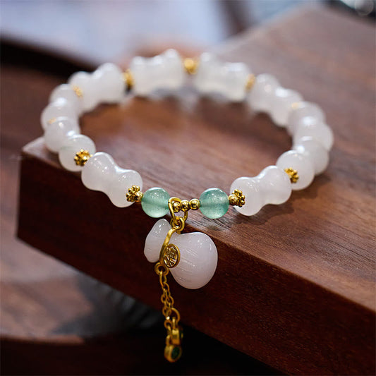 Jade  Natural White Golden Silk Jade Bamboo Pattern Wealth Lucky Bag Fu Character Bracelet