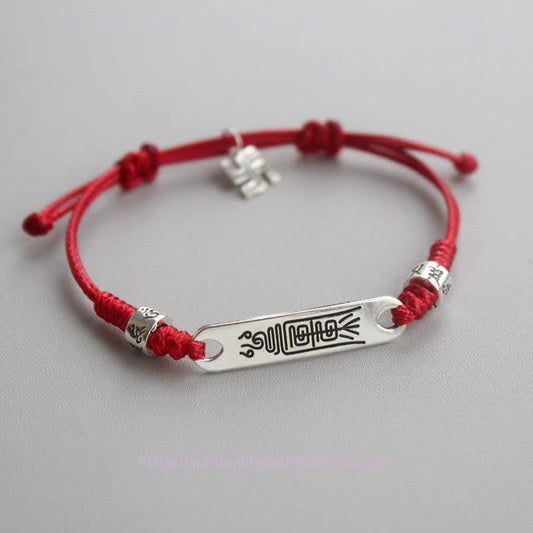 Altes tibetisch-buddhistisches Armband mit roter Schnur aus 925er Sterlingsilber – Symbol für Glück und Stärke