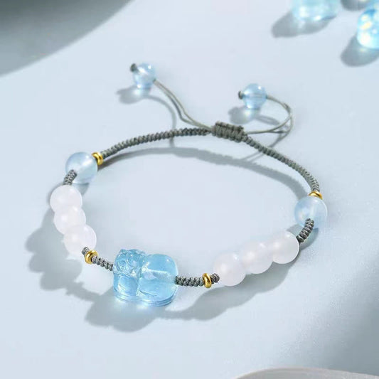 Ancient Tibetan Buddhist Red String Tradition  Natural Aquamarine PiXiu Hetian White Jade Healing Bracelet