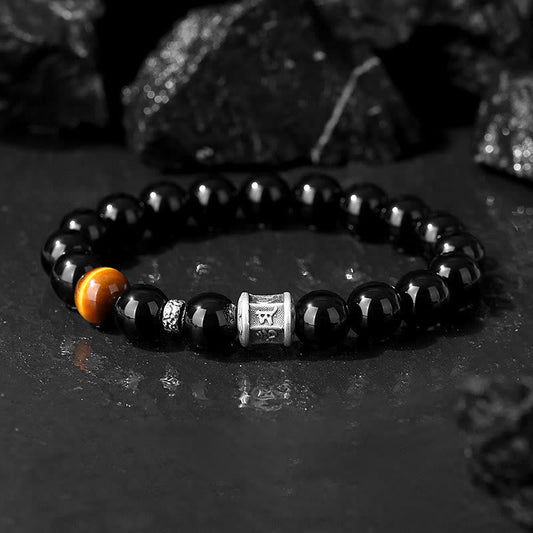 Bracelet de spiritualité Bouddha Karma en argent sterling 999 et œil de tigre en obsidienne noire Om Mani Padme Hum 