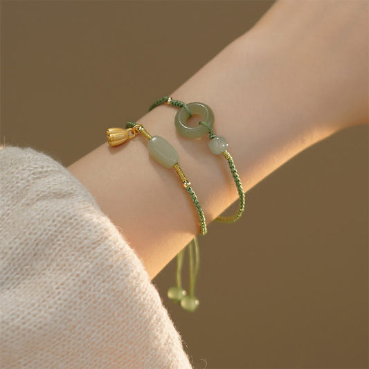 Jade  Lotus Jade Peace Buckle Bead Luck Happiness Charm String Bracelet