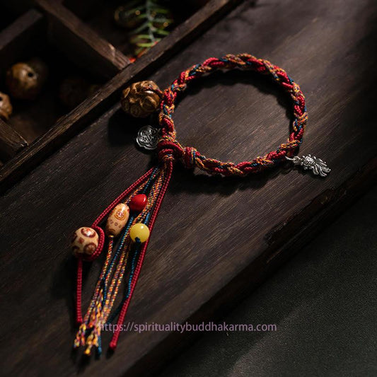 Ancient Tibetan Buddhist Red String Tradition  Tibetan Handmade Colorful Thread 925 Sterling Silver Koi Fish Protection Strength String Bracelet