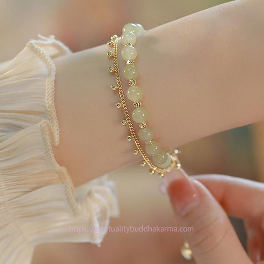 Jade  14K Gold Plated 2 Layers Hetian Jade Bead Luck Prosperity Bracelet