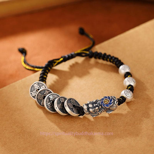 Altes tibetisch-buddhistisches Armband mit roter Schnur, geflochten aus 999er Sterlingsilber, Feng Shui PiXiu Kupfermünze, Fu-Zeichen für Reichtum