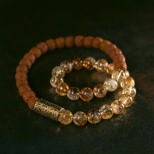 Goldenes Energie-Citrin-Armband mit natürlicher Fülle, Solarplexus-Chakra (drittes Chakra), Kristall-Rudraksha-Bodhi-Samen-Messingperle, Wohlstands-Doppelwickelarmband 